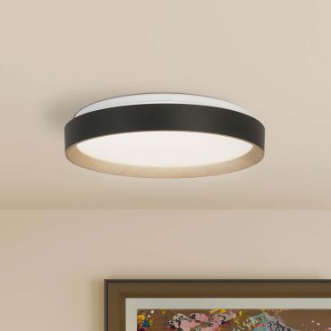 Searchlight Sorrento - plafondlamp met afstandsbediening - Ø 38 x 8 cm - 24W dimbare LED incl. - zwart en hout effect